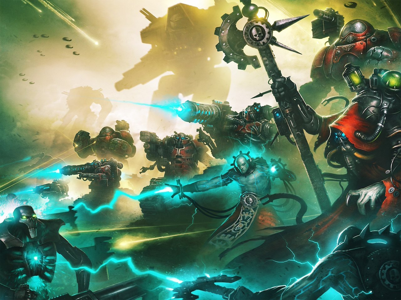 Warhammer 40k artwork — Adeptus Mechanicus battle the Necrons